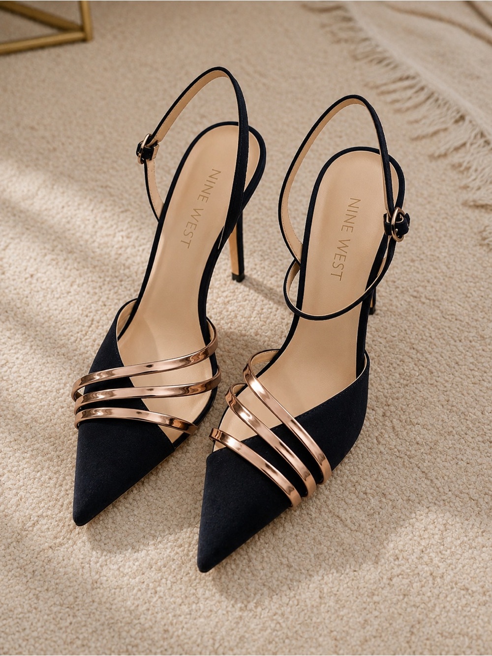 Nine West Black Pointed-Toe Heels with Rose-Gold Straps